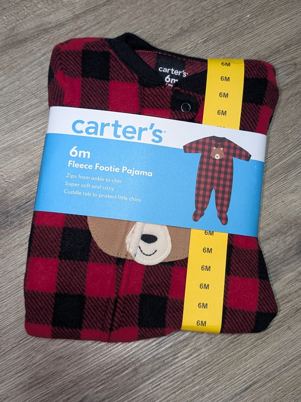 Carter's Red & Black Buffalo Plaid Fleece Footie Pajama Teddy Bear Patch Baby 6M